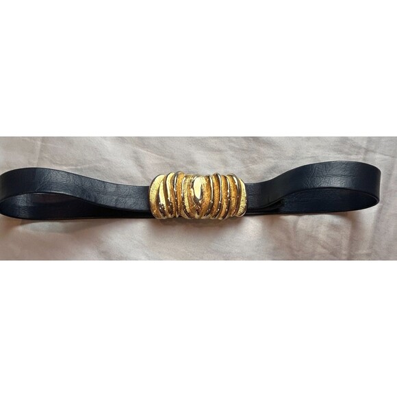 Vintage Dotty Smith Gold Tone Large Buckle Feathered Etched Blue Leather Belt main image 10